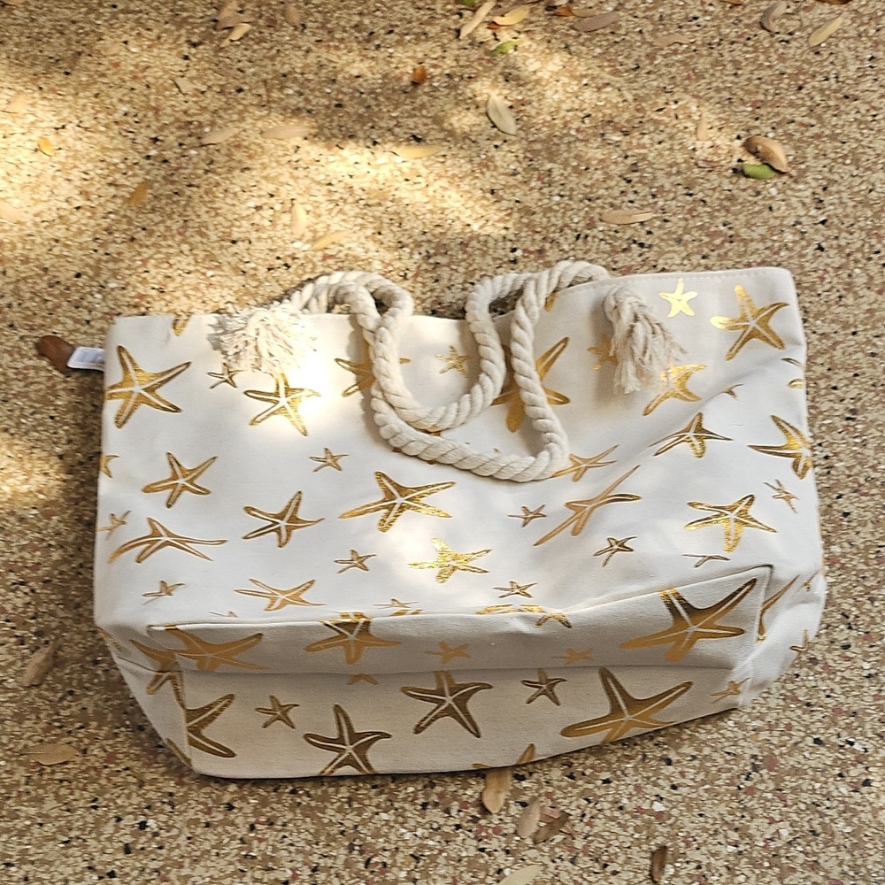 New W Tag Kendall & James Gold Starfish Patterned Cream Cotton Tote Bag Rope